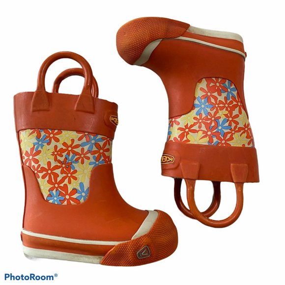 Keen rain boots kid 4 orange floral lined pull on - Picture 6 of 9